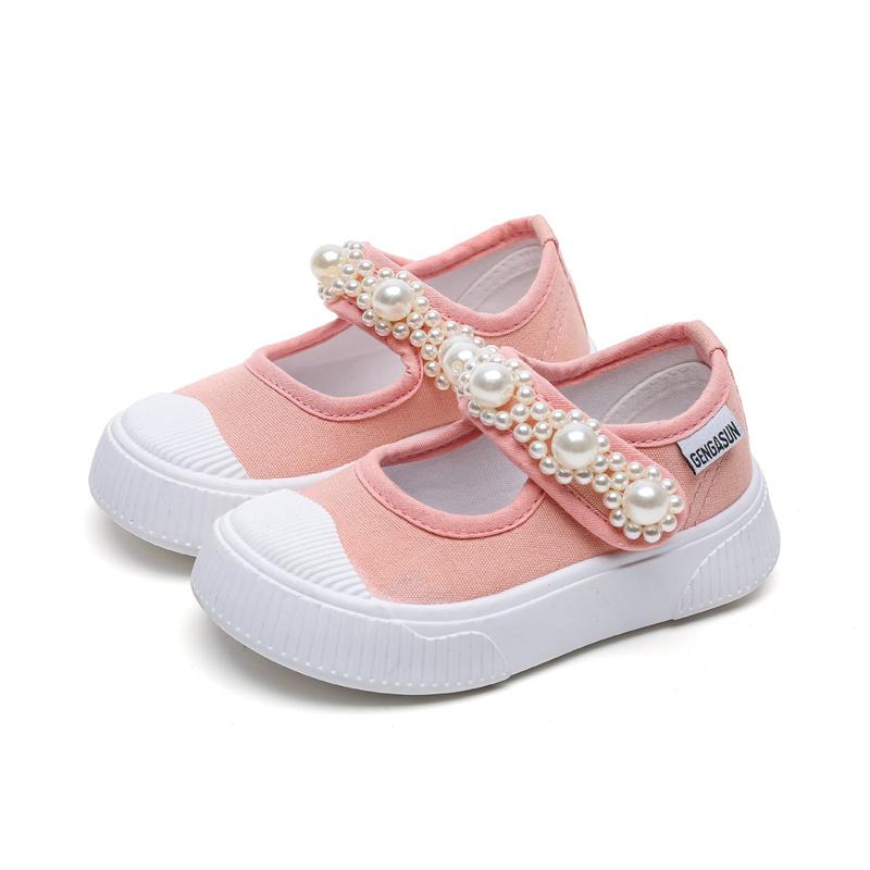 Baby Children Casual Canvas Shoes Girls Soft-Soled Non-Slip Sneakers Breathable Solid Color Imitation Pearl Kids Shoes