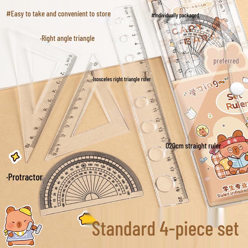 Capybara 4-Piece Student Ruler Set: Includes 20cm Square & Triangle Rulers, High-Quality Stationery for Primary School