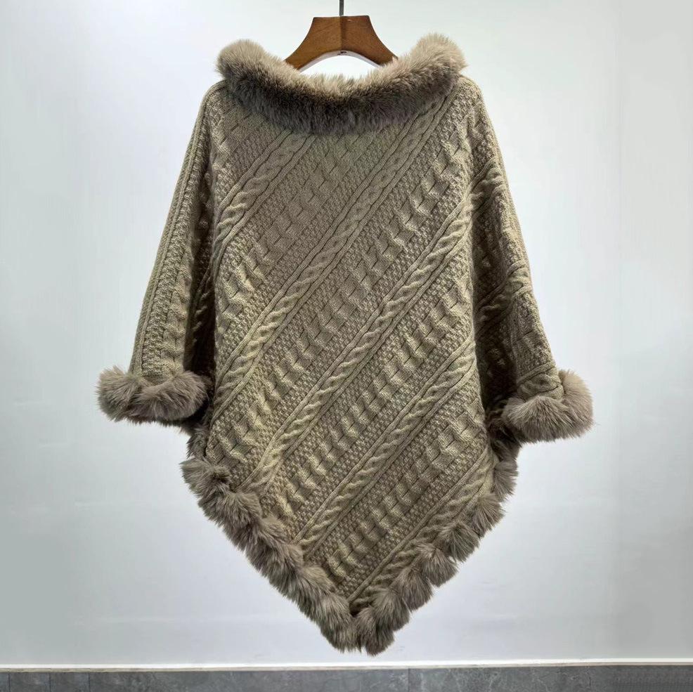Plus Size Women's Knitted Pullover Shawl with Faux Rabbit Fur Collar - European & American Autumn/Winter Collection