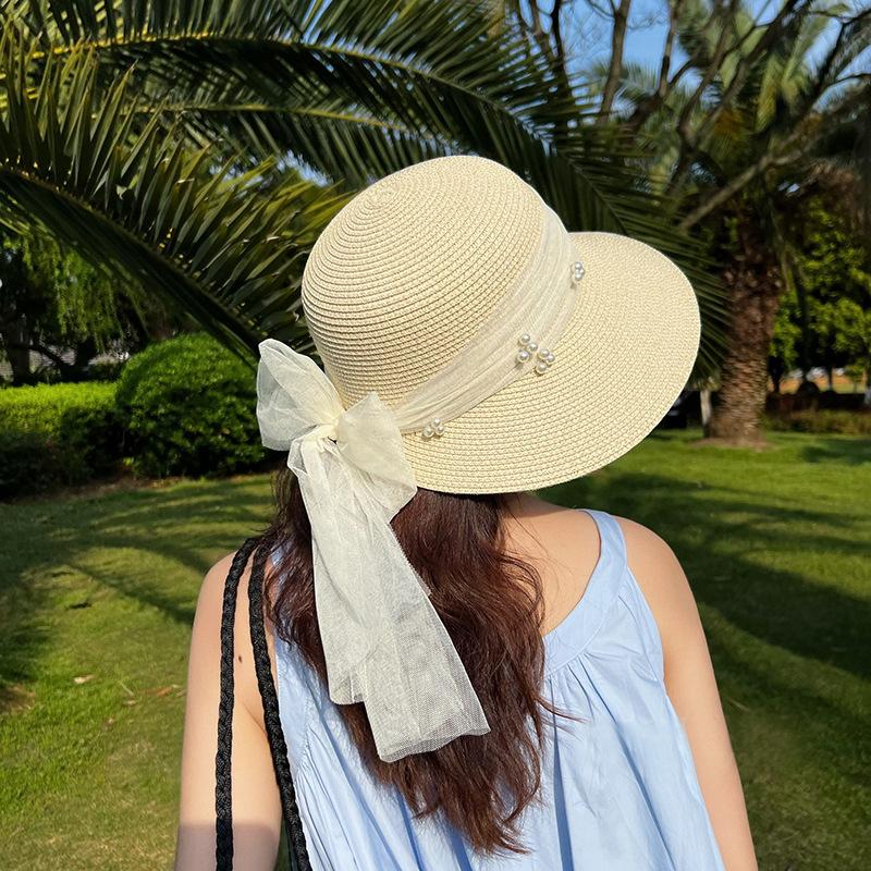 Versatile Hat Style Straw Woven Sweet Bow Pearlwomens Sunshade Hatscaps