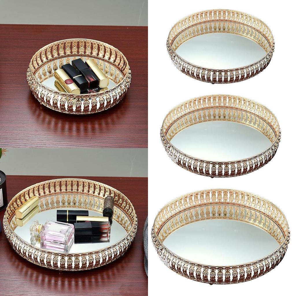 Large Decorative Tray ,Vintage Glass Jewelry Tray with Mirrored Bottom Vanity Organizer Home Ornament