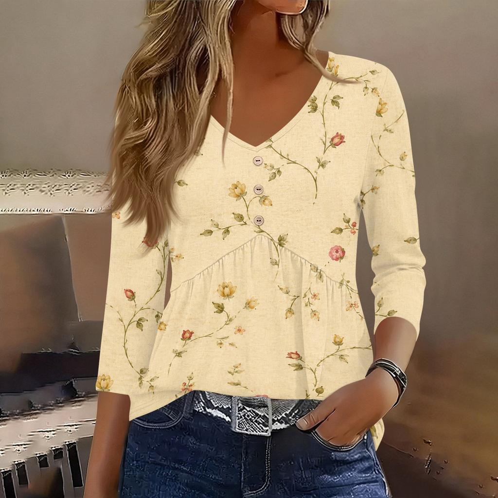 Womens 3/4 Sleeve V Neck Button Detail Floral Print Tunic Top Casual Loose Fit Lightweight Blouse