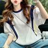 Women Casual Round Neck Stripe Print Loose Short Sleeve Blouse