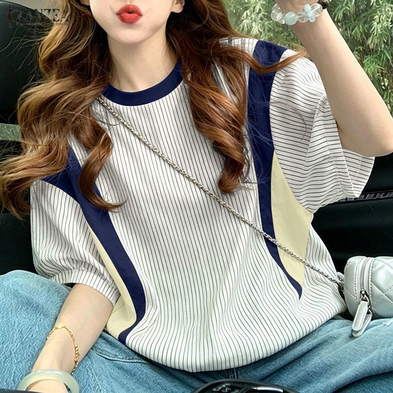 ZANZEA Women Casual Round Neck Stripe Print Loose Short Sleeve Blouse