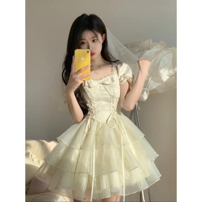 Bubble French sweet summer princess bow new short dress tutu skirt women's summer