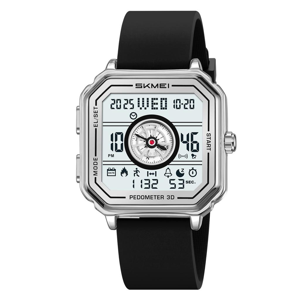 Square retro men's electronic watch, silicone tape, multi-function step counting, chronograph on the hour, sports watch