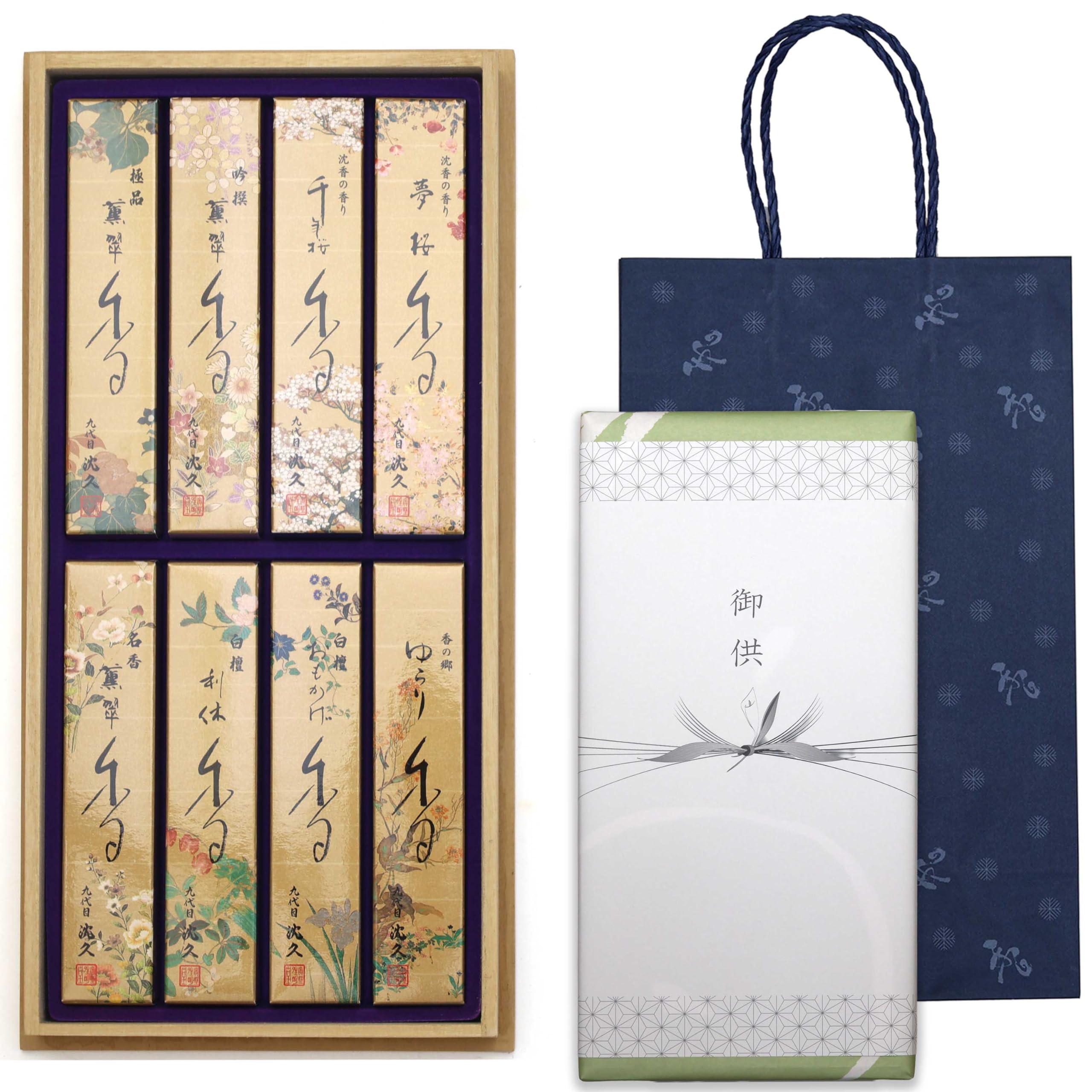 

Sympathy Incense Gift Set in Paulownia Wood Box [Chinkyu 8 Varieties, Sandalwood, with Outer Wrapping and Carry Bag] Made in Japan, Low Smoke,