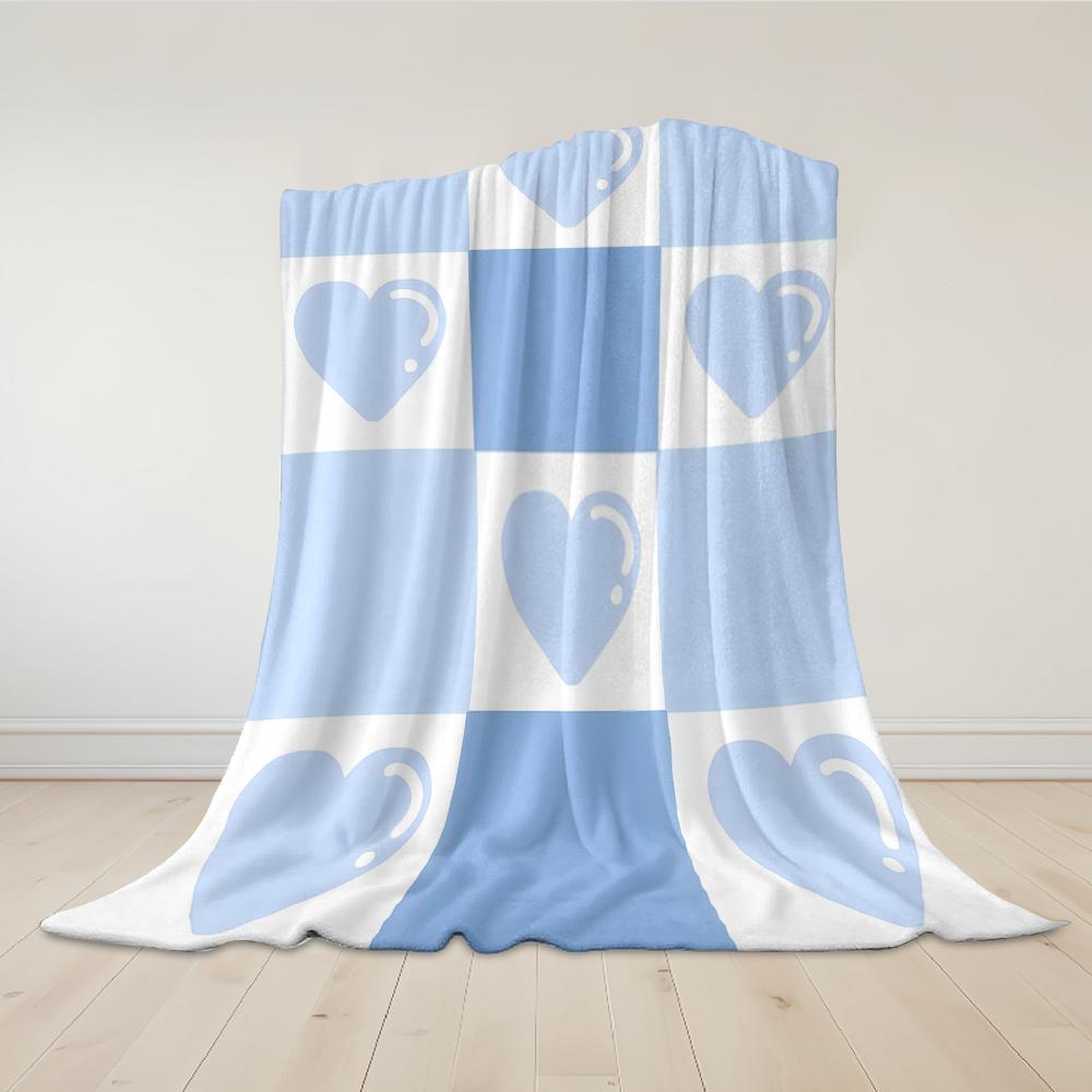 Blue Heart Checker Flannel Blanket Warm Soft Halloween Christmas Couch Warm Cozy Decorative Decor Gift for All Season