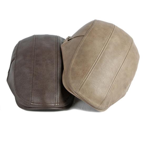 Men Advanced Hat Retro Faux Leather Retro British Style Solid Color Firm Stitching Windproof Thicken Warm Beret Newsboy Cap