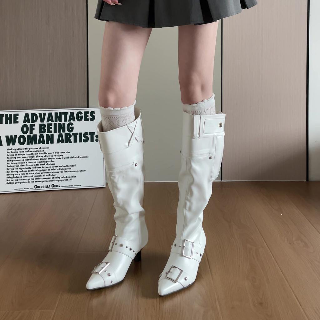 Cowhide version~ Big tube circumference heavy industry fashionable stacking boots long boots pleated fashion retro polished high knight boots