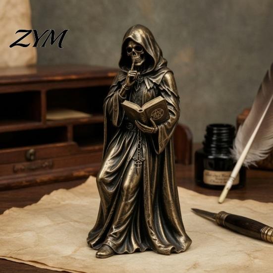 Haunted Bedroom Display Gothic Hooded Reaper Reading Book Resin Statue, Mystical Wizard Skull Figurine Horror Themed Bookshelf Ornament Desktop Decor,