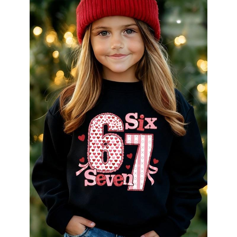 Kids Unisex Loose Crewneck Sweatshirt, Pink Heart Checkered Bow 67 Six Seven Vintage Print Long Sleeve Pullover, Sweatshirt for Boys Girls Ages 4+
