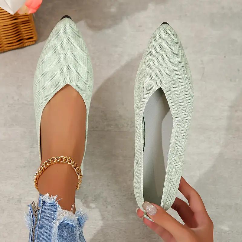 Women's Knitted Flat Shoes Comfy Breathable Solid Color Pointed Toe Shoes Casual Lightweight Slip On Flats