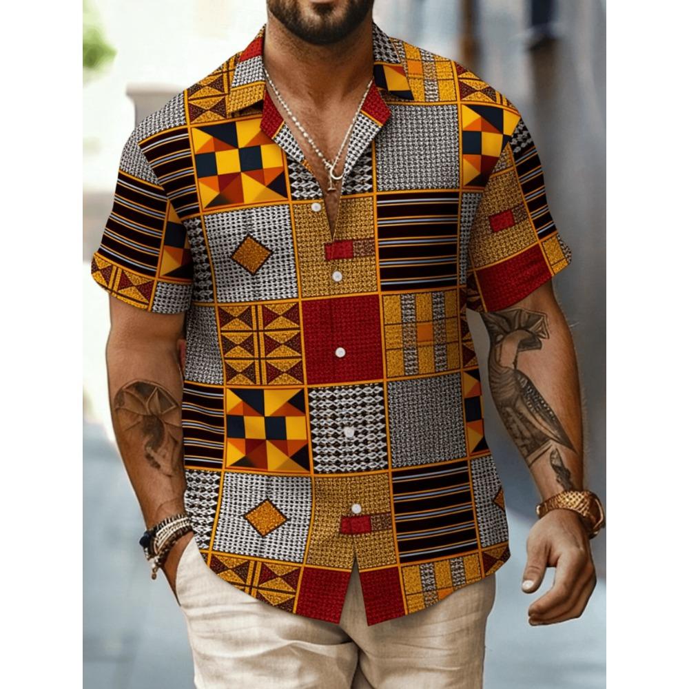 Men's African Tribal Print Short Sleeve Shirt, Geometric Ethnic Pattern