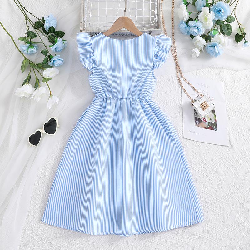 2025 Girls' Summer Striped Princess Dress with Fly Sleeves