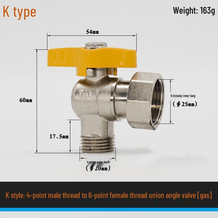 Brass Gas Valve: 4-Point Household Threaded, 6-Point Floor Heating Boiler Ball Valve, Wall-Hung Angle Valve