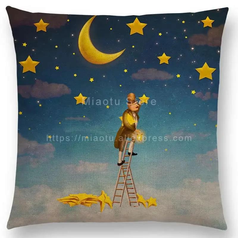 Latest Mysterious Imagine Animals Cushion Cover Forest Raven Fantasy Clouds Sky Moon Stars Earth Dream Girl Prints  Pillow Case