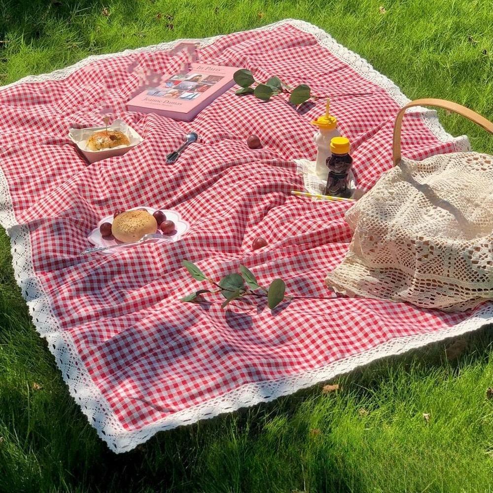 1Pcs 100×150Cm Linen Lace Red Checkered Picnic Mat Outdoor Camping Atmosphere Grass Land Blanket Tablecloth Outing Car Trunk Mat