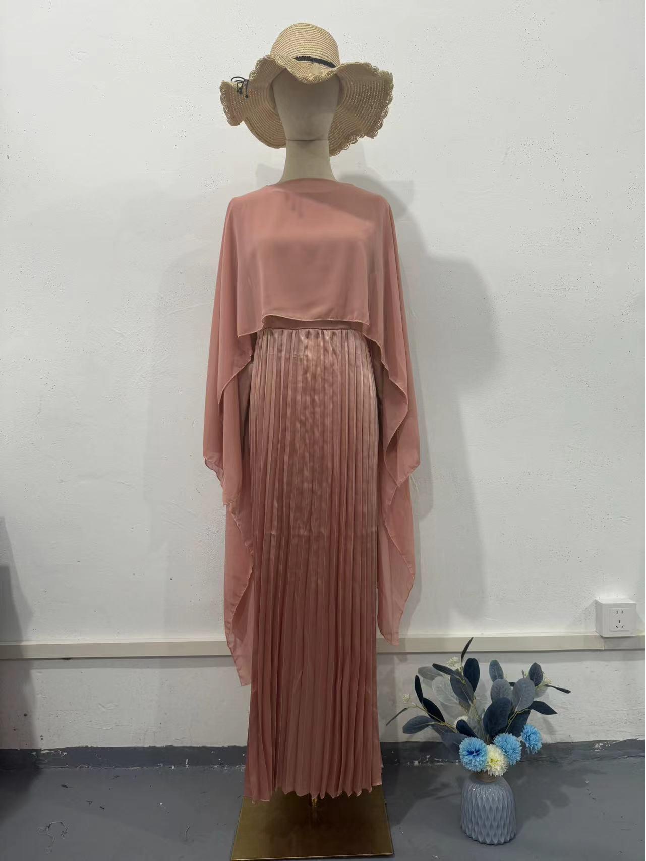 

2025 Autumn Pink Pleated Waist-Cinched Long-Sleeve Dress Set for Women M