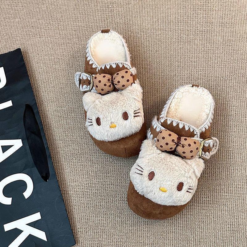 Soft cute Birkenstocks Hello Kitty velvet cotton drag lace  cute bag head half slippers cartoon