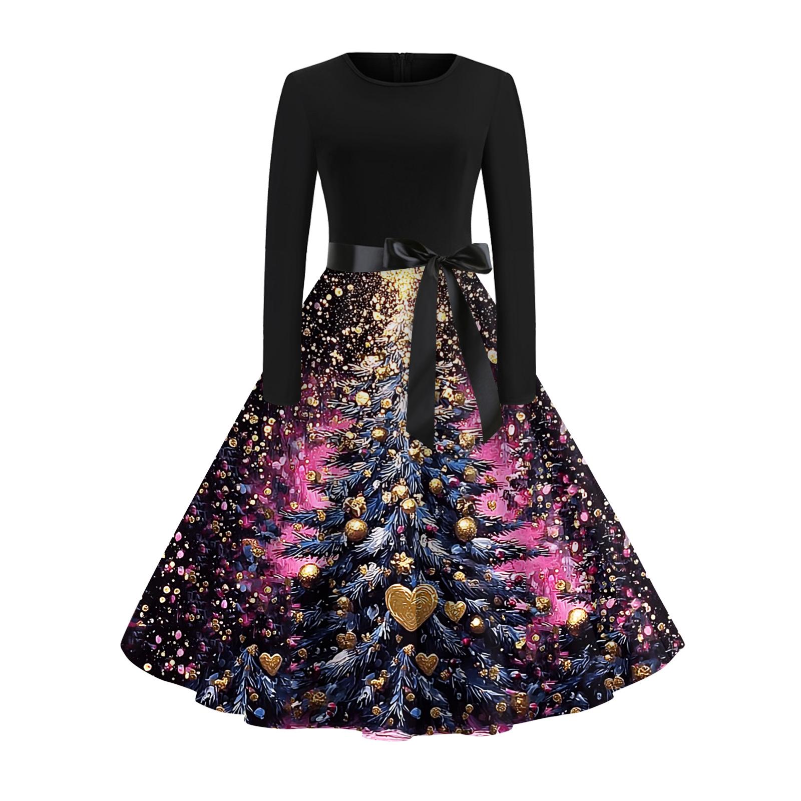 

Женское модное и элегантное платье с длинными рукавами и принтом рождественской елки для осени и зимы XXL