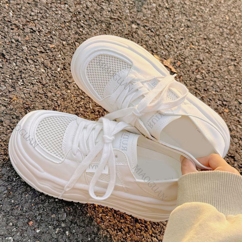 Fashion Lightweight Mesh Breathable Platform White Sneaker Women Spring Summer Shoes Casual Lace Up Flat Bottom Heighten Vulcanize Shoes