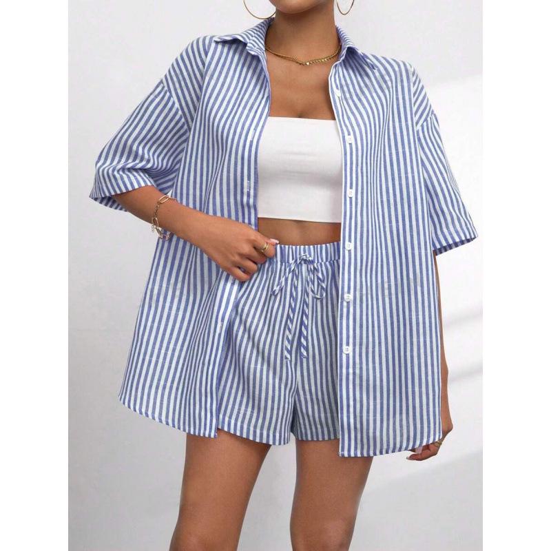 Summer 2025 Women's Lapel Casual Striped Two-Piece Set