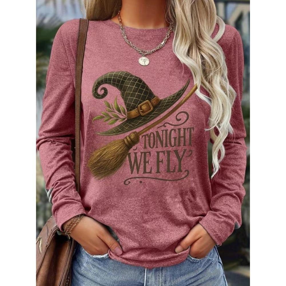 Tops for Women Magic Hat Print Round Neck Long Sleeve T-shirt Fall Casual Slim Pullover Women's Long Sleeve Top