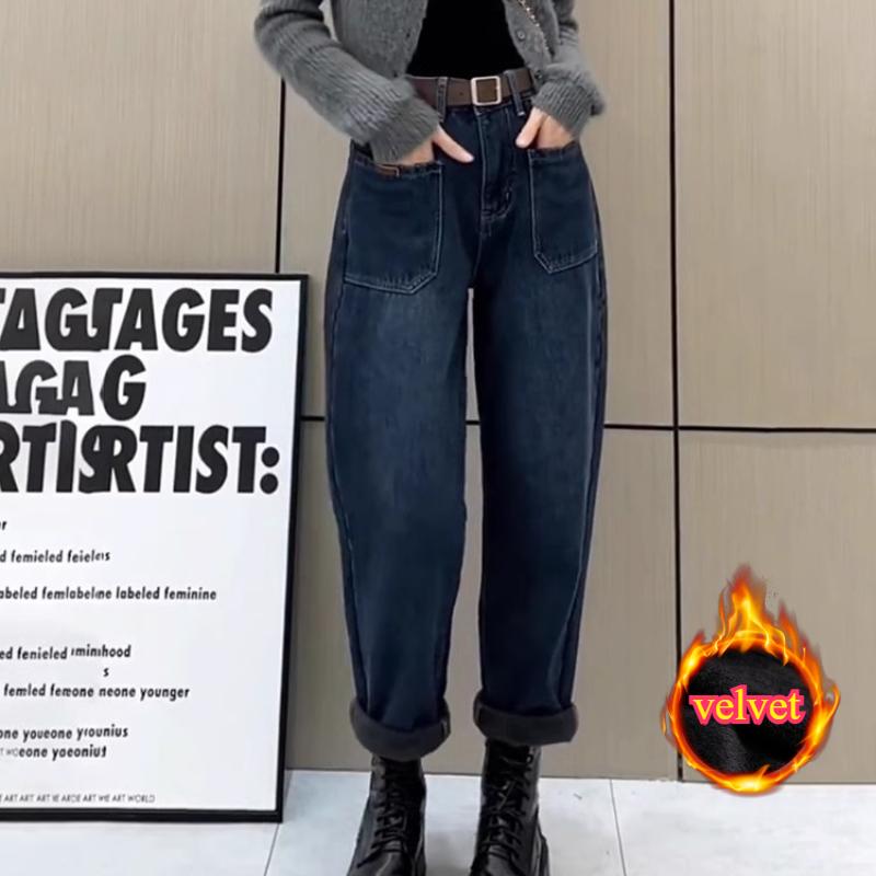 

Джинсы-шаровары Retro Plus Velvet с высокой талией, женские, осенне-зимние, большие размеры, свободные, прямые джинсы-шаровары XL