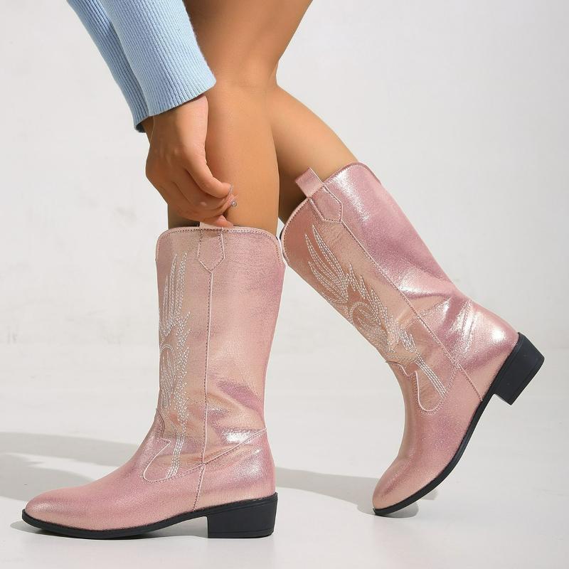Damenstiefel Zum Hineinschlüpfen Mittelhohe Stiefel Spitze Quadratischer Absatz Cowboystiefel Plateau Ritterstiefel Große Größen Stickerei Langer Stiefel