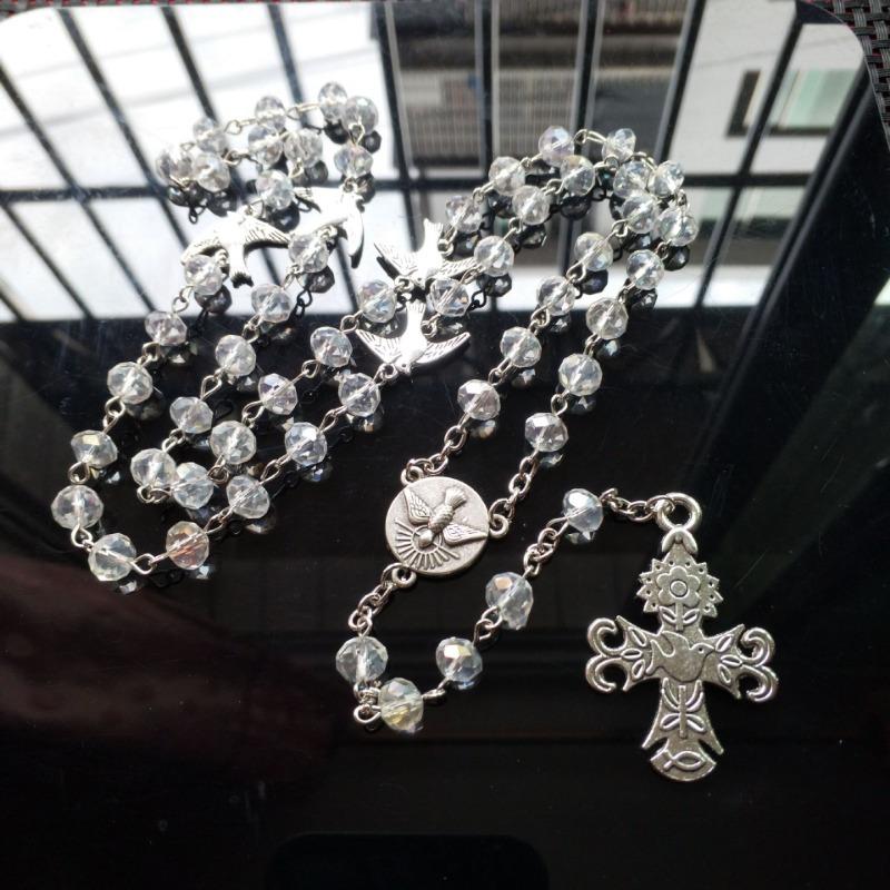 1pc Holy Spirit Dove Medal Rosary Necklace Cross Pendant Crystal Prayer Beads Chain Catholic Church Baptism Communion Jewelry
