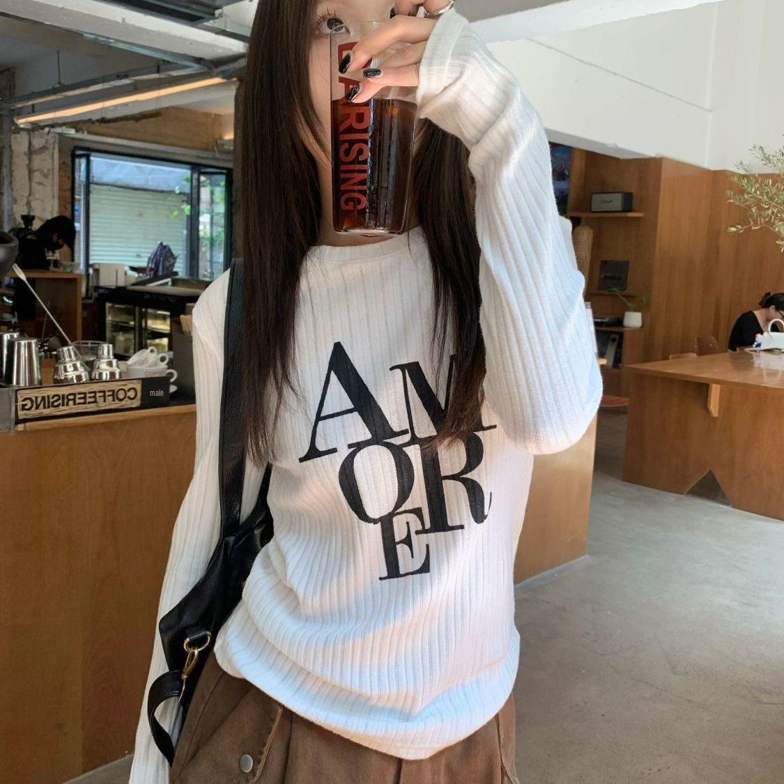

Casual Ribbed Slim Fit Long Sleeve Letter Print T-Shirt L