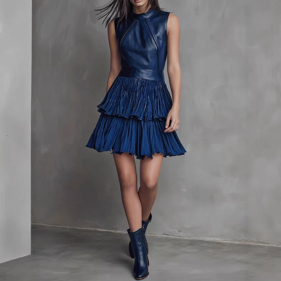 Leather Sleeveless Layered Dress - Spring/Summer Fashion Trend, European American Style