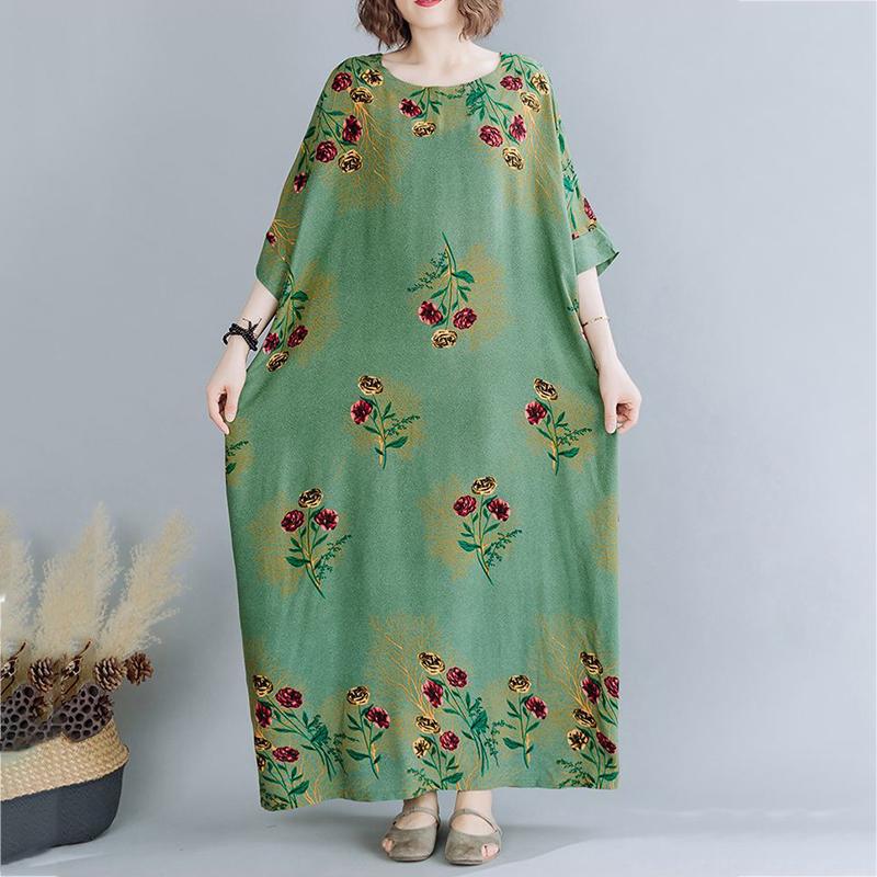 

WTEMPO Зеленое женское платье больших размеров Летнее длинное платье с круглым вырезом Повседневная полная длина с цветочным узором One Size зелёный