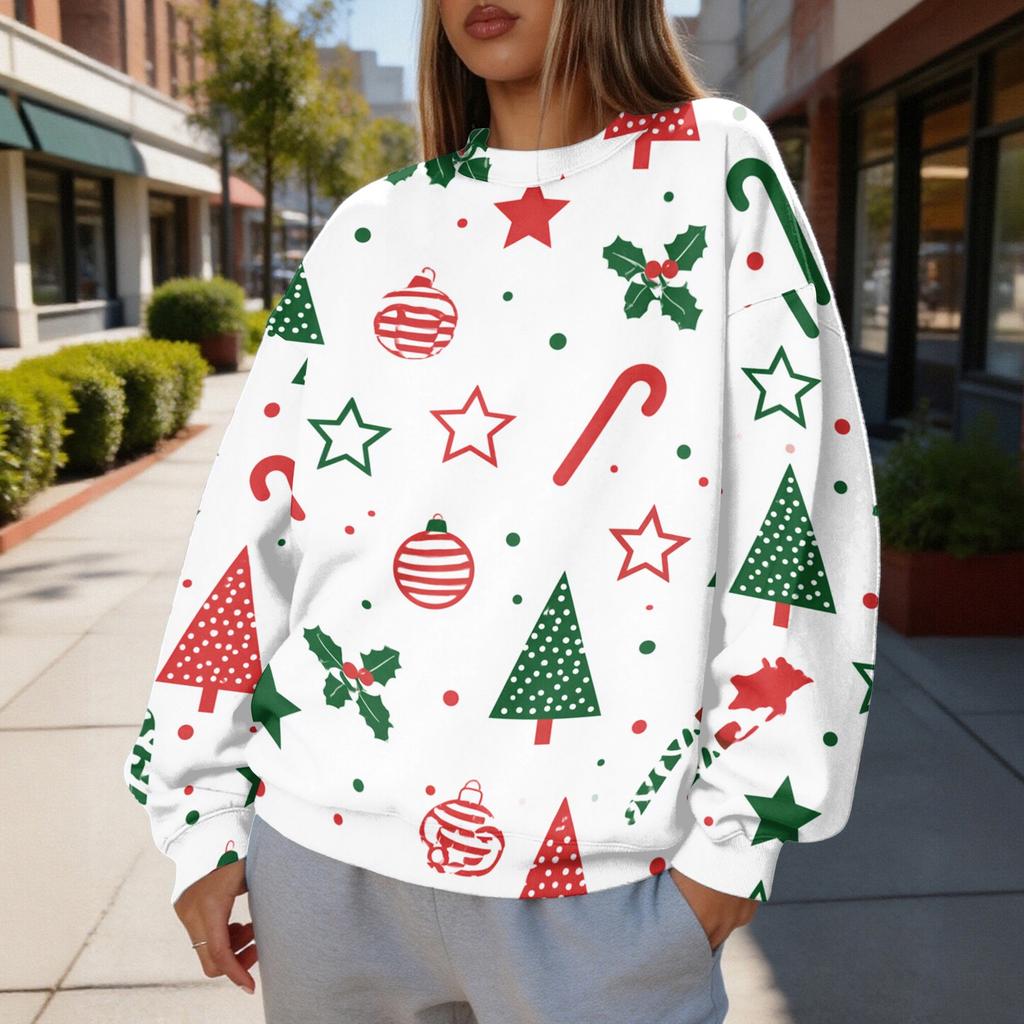 Women's Trendy Christmas Print Crewneck Sweatshirt Lightweight Casual Pullover Top