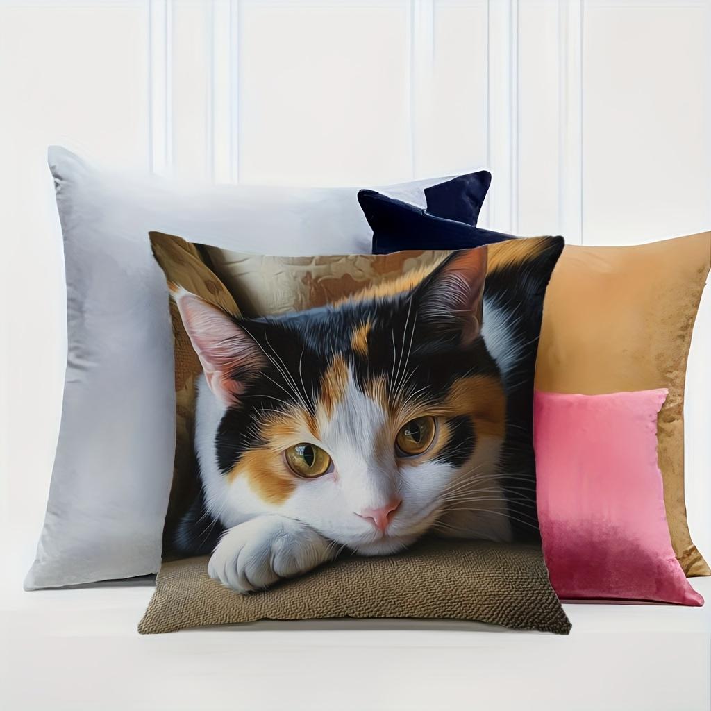 Contemplative Calico Cat Decorative Pillow Cover 18x18 Inch - Contemporary Home Decor with Zipper Closure, Cat Pillow Covers