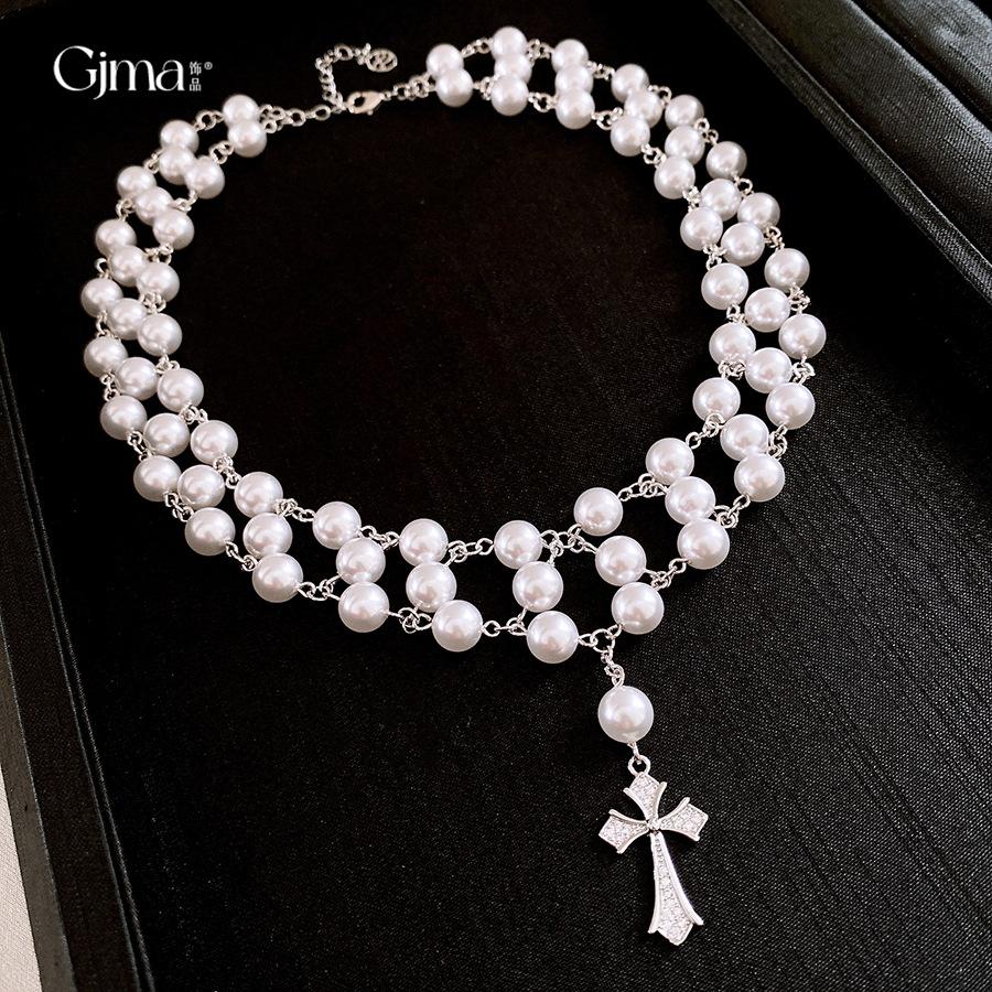 Zircon Cross Pearl Necklace Niche Collarbone Chain Exaggerated Exquisite Personality Necklace Women