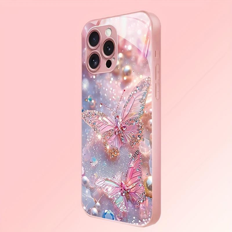 Luxury Butterfly Pearl Pattern Pink Metallic Paint Glass Phone Case For iPhone 11 12 13 14 15 16 17 Pro Max Plus 16E 17Air Cover