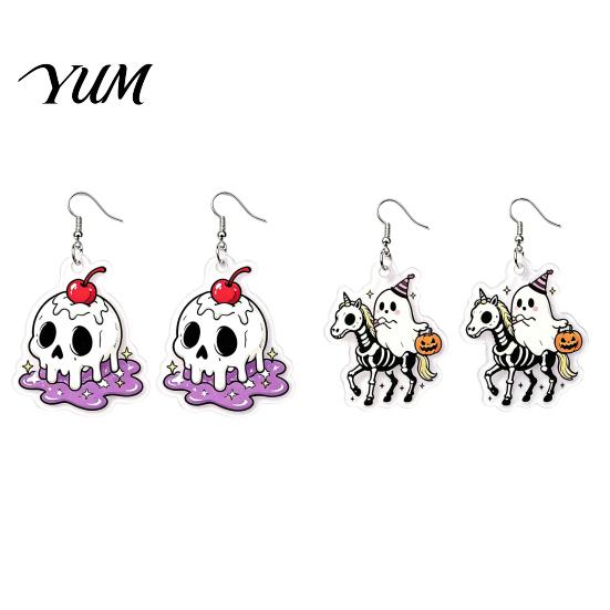 Lightweight Cartoon Pendant 1 Pair Acrylic Halloween Earrings for Women, 2D Flat Cute Unique Gothic Dangle Ghost Skull Drop Earrings, Holiday Jewelry