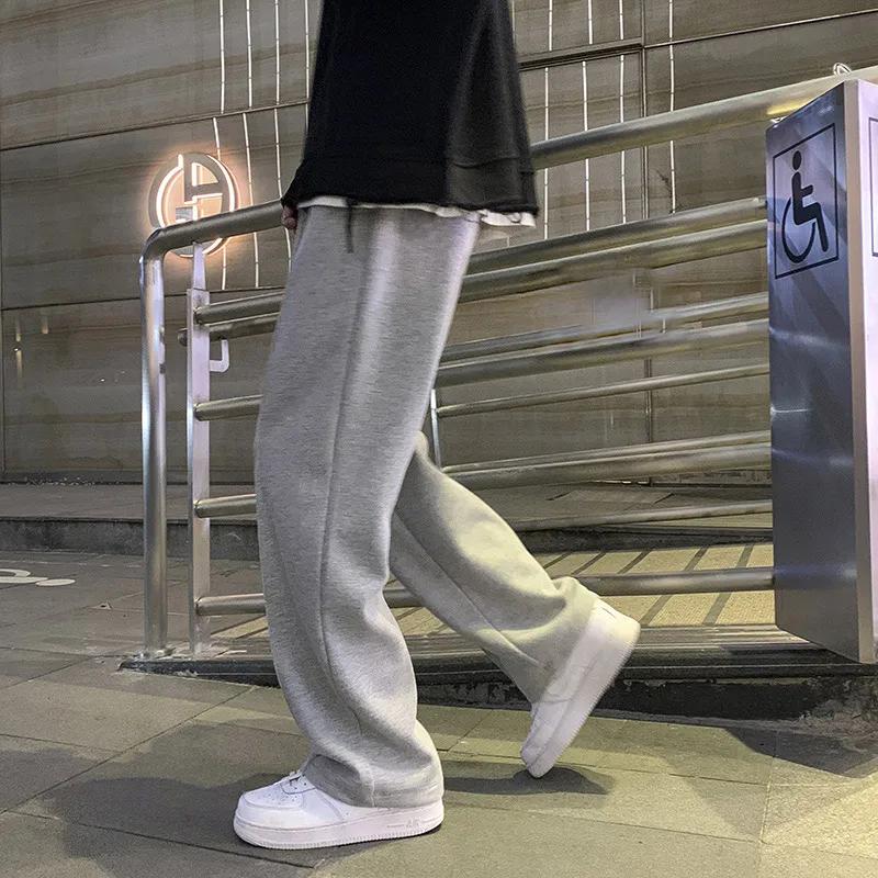 KPOP Fashion Style Harajuku Slim Fit Straight Sweatpants Men Loose All Match Casual Pants Solid Pockets Wide Leg Trousers