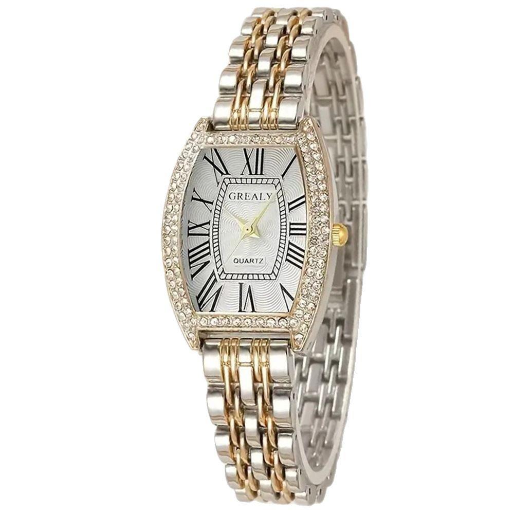 Luxus Damen-Armbanduhr mit Strass-Fass-Zifferblatt und römischen Ziffern - Modisch und lässig