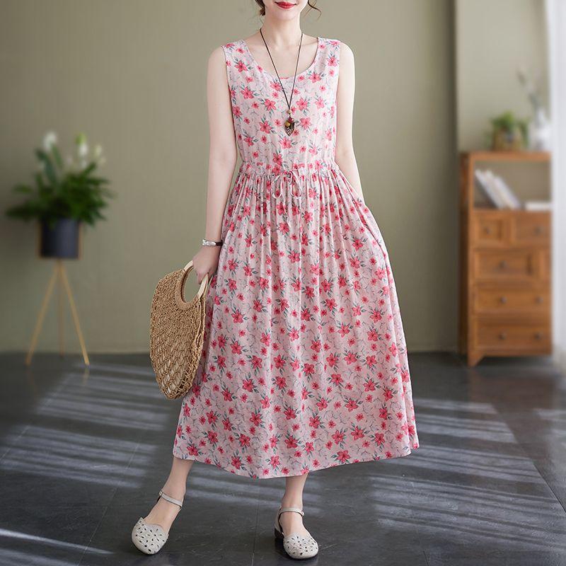 Abiti Estivi Vintage Stampati da Donna Senza Maniche Moda Ampi Vacanza Spiaggia Abito Sottile Eleganti Vestidos Robe Femme