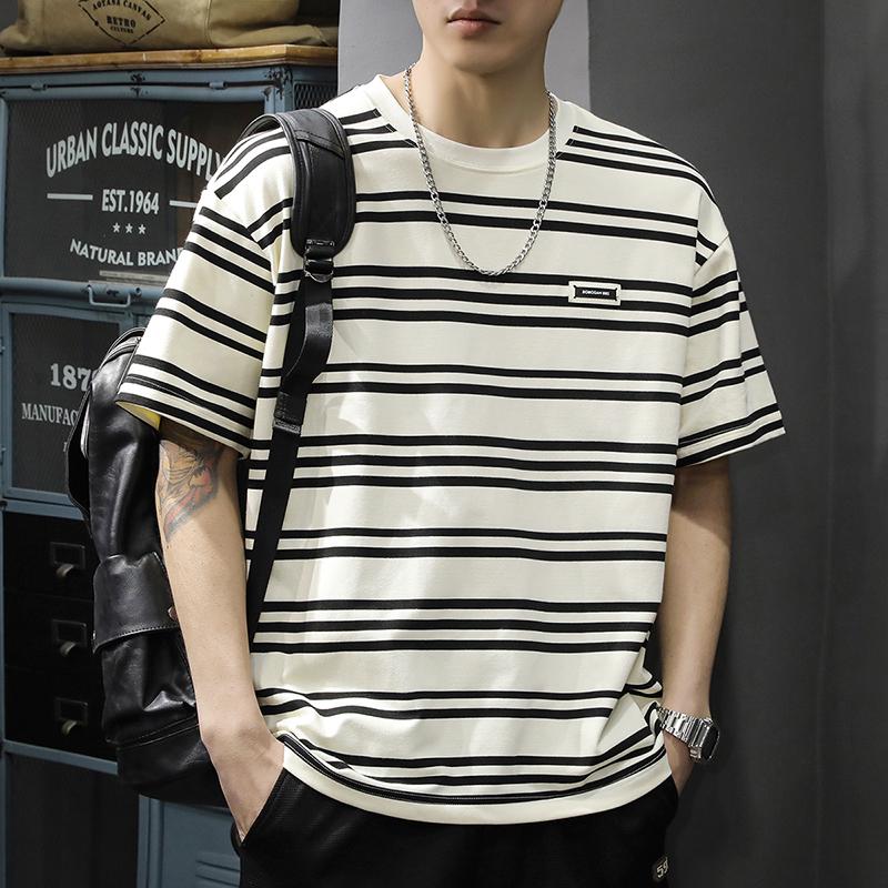 

Мужская полосатая футболка с коротким рукавом в морском стиле большого размера 2024 - Американский кэжуал 2XL (160-180 Jin) абрикосовый