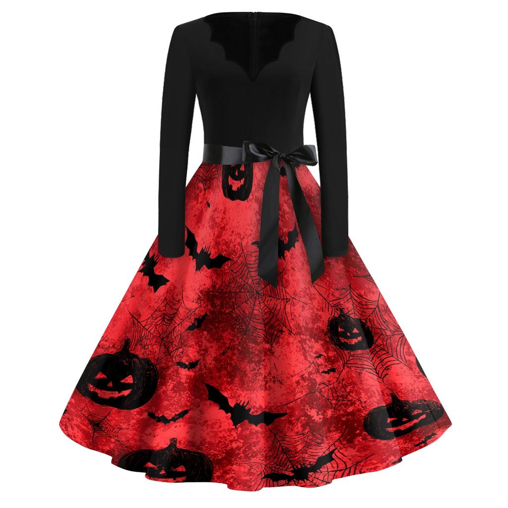 Women's V Neck Vintage Halloween Print Dress for Casual Party Wear