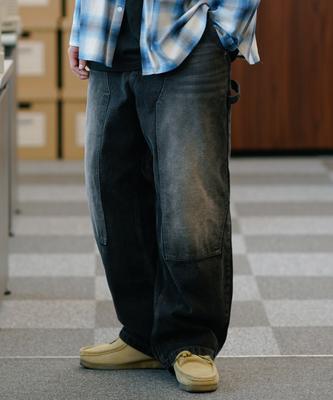 JEMUT Build Double Knee Wide Denim Pants Black Solp2579
