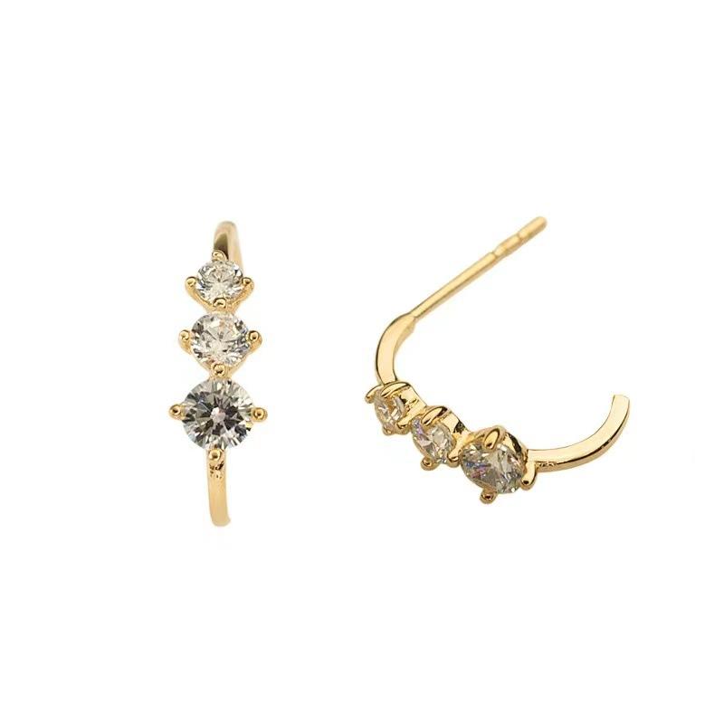S925 Sterling Silver Gold-Plated Stud Earring Women's Gradient Three Zircon Exquisite Imitation Ear Ring Micro-Inlaid Earrings Refined Wild Earrings