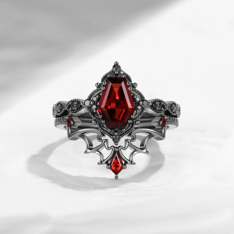 s/set Fashionable Inlaid Red Synthetic Zirconia Black Double-layer Ring Women's Gothic Daily Wear Jewelry Accessories Gifts