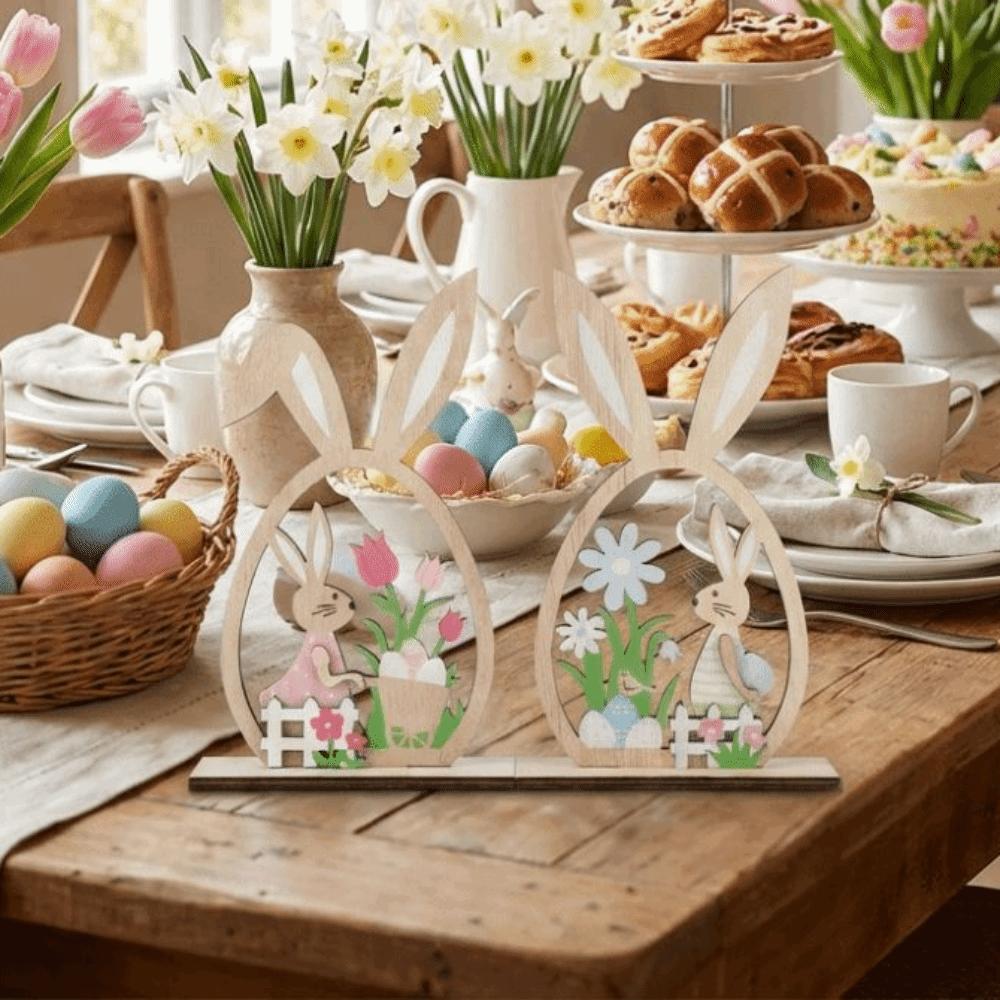 2Pcs Farmhouse Rustic Wooden Easter Rabbit Hand-Painted Easter Table Decor  Spring Festival