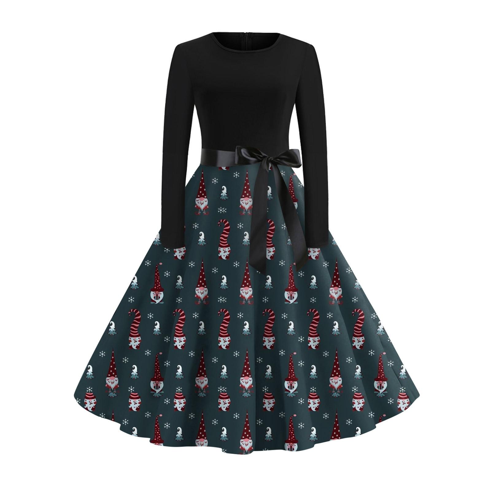 Женское винтажное классическое платье с длинным рукавом и рождественским принтом — фото 6