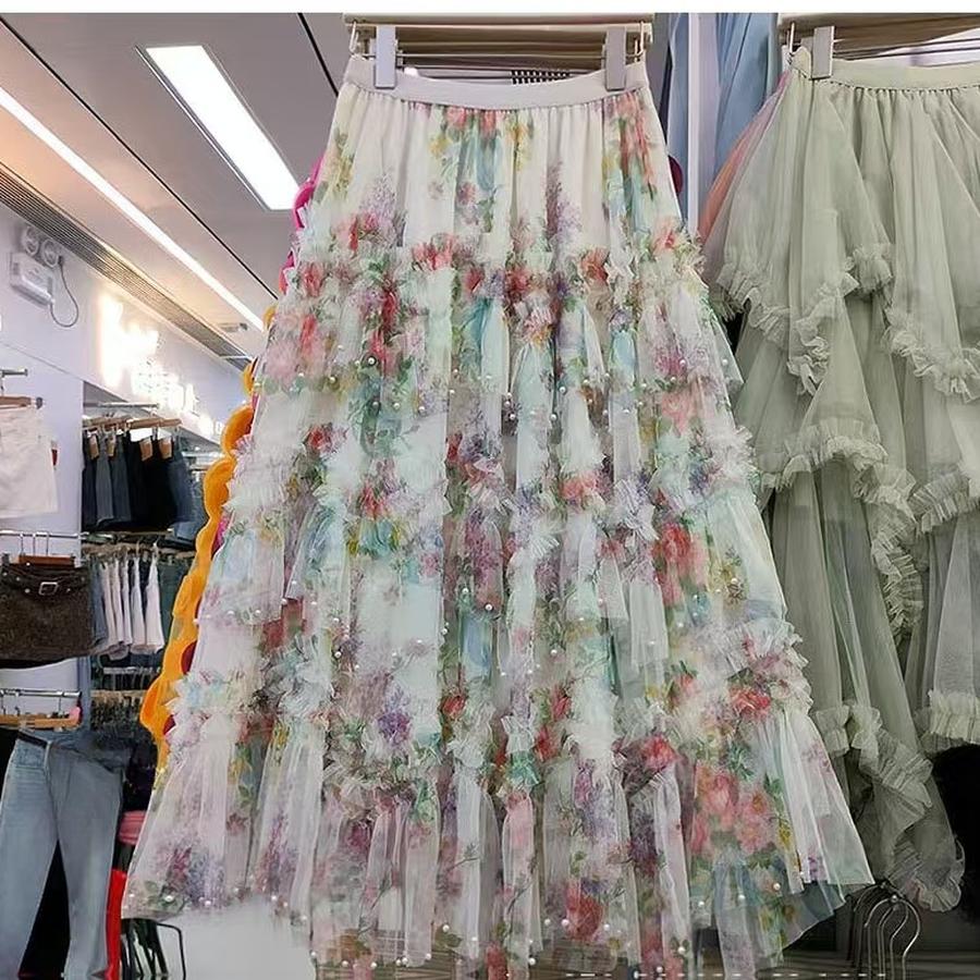 Reinforcement Nail Pearl Patchwork Printed Mesh Cake Dress Half Skirt for Girls New Hollow Out Long Dress
